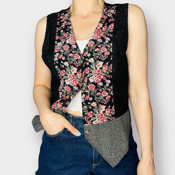 90s 2 X 5 Black Lace Floral Vest - Picture 3 of 9